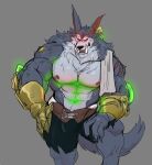  2021 anthro belt big_muscles big_pecs big_teeth bottomwear bulge canid canine canis clothing colored colored_sketch fangs fur glowing glowing_markings grey_body grey_fur league_of_legends long_ears looking_at_viewer mafekoba male mammal markings muscular muscular_anthro muscular_male nipples pecs red_eyes riot_games scar shorts simple_background sketch solo thick_arms torn_clothing tusks video_games warwick_(lol) were werecanid werecanine werewolf wolf 