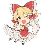  1girl ;d ahoge alternate_costume arm_up ascot bangs black_footwear blonde_hair blush bow chibi collar collared_vest commentary_request cosplay detached_sleeves frilled_bow frilled_collar frilled_hair_tubes frills full_body gohei hair_bow hair_tubes hakurei_reimu hakurei_reimu_(cosplay) holding holding_stick jill_07km kirisame_marisa nontraditional_miko one_eye_closed open_mouth ponytail red_bow red_skirt red_vest ribbon-trimmed_skirt ribbon-trimmed_sleeves ribbon_trim simple_background skirt smile socks solo stick touhou twitter_username vest white_background white_legwear yellow_ascot yellow_eyes 