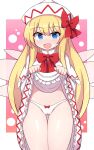  1girl bangs bare_legs blonde_hair blue_eyes blush border bow bow_panties bowtie cameltoe capelet cleft_of_venus commentary_request dress eyebrows_visible_through_hair eyelashes fairy_wings frills hair_between_eyes hair_bow hands_up hat lifted_by_self lily_white long_hair long_sleeves looking_at_viewer open_mouth outside_border panties pink_background pussy red_bow red_bowtie rizento simple_background smile solo standing tongue touhou underwear white_border white_capelet white_dress white_headwear white_panties wide_sleeves wings 
