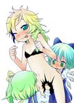  :p absurdres blonde_hair blue_hair blush bottomless bow bra braid censored cirno daiyousei fig_sign green_eyes green_hair hair_bow highres kirisame_marisa licking lingerie messy_hair multiple_girls naughty_face navel no_hat no_headwear nukoosama one_eye_closed saliva side_ponytail tongue tongue_out touhou underwear underwear_only wings yuri 