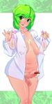  breasts censored futanari green_eyes green_hair open_shirt oshiruko_(artist) 