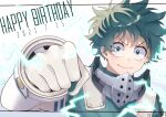  1boy absurdres blush bodysuit boku_no_hero_academia clenched_hand electricity foreshortening freckles gloves green_bodysuit green_eyes green_hair happy_birthday highres looking_at_viewer male_focus mask mask_removed midoriya_izuku rapiko smile solo v-shaped_eyebrows white_background white_gloves 