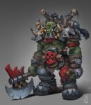  1boy armor axe battle battle_axe belt boots colored_skin dabanaworks full_body green_skin highres holding holding_axe holding_weapon orc orkz pointy_ears sharp_teeth skull solo spikes teeth tusks warhammer_40k weapon white_background yellow_eyes 