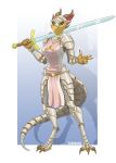  2021 anthro armor clothed clothing dragon female gauntlets gloves greaves green_eyes handwear hi_res holding_object holding_sword holding_weapon horn looking_at_viewer melee_weapon paladin paranoiya pauldron plate_armor signature simple_background solo spikes spikes_(anatomy) sword weapon yastara_(kobold_adventure) yellow_body 