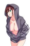  1girl bangs bottomless breasts brown_hair chinatsu_(suzutsuki_kurara) cleavage green_eyes hands_in_pockets highres hood hood_up hoodie large_breasts midriff navel no_bra original sidelocks suzutsuki_kurara zipper 