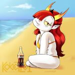  beach bikini candy clothing demon demon_humanoid dessert disney female food frown glass_bottle hair hair_over_eye hekapoo hi_res humanoid humanoid_pointy_ears kobaltoco lollipop lollipop_in_mouth looking_at_viewer not_furry one_eye_obstructed red_hair seaside sitting solo star_vs._the_forces_of_evil swimwear 