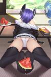  1girl absurdres ass black_jacket black_legwear book electric_fan feet fur-trimmed_jacket fur_trim haimei1980 headgear highres jacket kantai_collection lying on_stomach panties plate purple_hair short_hair soles solo tatami tenryuu_(kancolle) tenryuu_kai_ni_(kancolle) thighhighs underwear watermelon_slice white_panties 