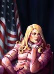  1boy american_flag artist_name blonde_hair curly_hair formal funny_valentine gloves highres jojo_no_kimyou_na_bouken long_hair pink_suit solo steel_ball_run suit zookhini 