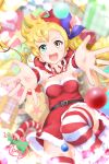  1girl artist_name ban_(777purin) blonde_hair blush breasts christmas cleavage collarbone dated highres long_hair looking_at_viewer lying lyrical_nanoha mahou_shoujo_lyrical_nanoha_strikers mahou_shoujo_lyrical_nanoha_vivid medium_breasts on_back open_mouth santa_costume shiny shiny_hair shiny_skin smile solo striped striped_legwear thighhighs vivio 