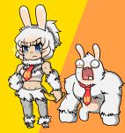  1boy 1g angry animal_ears banana blue_eyes buck_teeth charisuke crop_top crossover food fruit furry furry_female furry_male gorilla highres hybrid kemono_friends mario_(series) mario_+_rabbids_kingdom_battle necktie parody rabbid rabbid_kong rabbit_ears raving_rabbids surprised teeth white_hair 