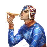  1boy argyle argyle_sweater eating food guido_mista hat holding holding_food holding_pizza jojo_no_kimyou_na_bouken long_sleeves midriff pizza rakavka solo sweater turtleneck vento_aureo white_background 