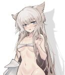 1girl animal_ear_fluff arknights arknights:_endfield bangs bare_arms bare_shoulders bikini blue_eyes blunt_bangs blush bottomless breasts eyebrows_visible_through_hair f(z)_(funct10nz) groin hand_up highres long_hair looking_at_viewer medium_breasts navel nervous_smile out-of-frame_censoring parted_lips perlica_(arknights) silver_hair solo stomach strapless strapless_bikini sweatdrop swimsuit underboob very_long_hair white_bikini 