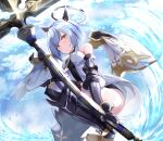  +_+ 1girl acchii_(akina) armored_boots azur_lane bare_shoulders black_dress black_footwear blue_hair boots cross detached_wings dress gascogne_(azur_lane) gauntlets headgear highres holding holding_cross knee_boots mechanical_halo mechanical_wings short_dress short_hair solo strapless strapless_dress two-tone_dress white_dress wings yellow_eyes 