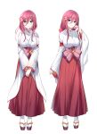  2girls absurdres adjusting_hair bangs blue_eyes breasts closed_mouth eyebrows_visible_through_hair flower full_body go-toubun_no_hanayome gou_lianlian_dogface hair_between_eyes hair_flower hair_ornament hair_ribbon hakama highres japanese_clothes kimono long_hair long_sleeves looking_at_viewer medium_breasts multiple_girls nakano_miku pink_flower pink_hair pink_hakama red_ribbon ribbon shiny shiny_hair simple_background smile standing tabi white_background white_kimono white_legwear wide_sleeves 