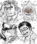  ? anthro barrel_(live-a-hero) blush canid canine canis clothing detective_gammei embarrassed eyewear fingerless_gloves furlong_(live-a-hero) glasses gloves group handwear headshot_portrait human hyaenid kinaisan22511 kyoichi_(live-a-hero) lifewonders live-a-hero male mammal portrait video_games wolf 