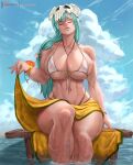  1girl aqua_eyes aqua_hair arrancar bikini bleach blue_sky bracelet breasts cleavage cloud cloudy_sky curvy day facial_mark facing_viewer front-tie_bikini front-tie_top huge_breasts jewelry lips long_hair muscular muscular_female navel nelliel_tu_odelschwanck nose ocean pier rejean_dubois sarong sitting skindentation skull_on_head sky soaking_feet solo swimsuit thick_thighs thighs underboob water wide_hips wrist_flower yellow_sarong 