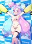  1girl areola_slip armpits arms_up bangs bikini blue_hair blush breasts cameltoe covered_nipples detached_sleeves grin hair_ornament highres iono_(pokemon) long_hair looking_at_viewer micro_bikini multicolored_pubic_hair navel pink_hair pokemon pokemon_(game) pokemon_sv purple_eyes sharp_teeth small_breasts smile solo sukumo_(kemutai) sweat swimsuit teeth thigh_strap very_long_hair 