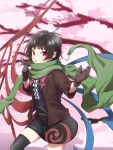  1girl ahoge asymmetrical_wings black_hair black_legwear blurry blurry_background brown_jacket center_frills cherry_blossoms commentary_request depth_of_field frills gloves goroumaru green_scarf highres houjuu_nue jacket light_smile looking_at_viewer parted_lips red_eyes red_scarf scarf short_hair sleeves_past_elbows snake solo thighhighs touhou wings winter_clothes zettai_ryouiki 