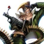  1boy artificial_eye artist_name battle_tendency blonde_hair blue_eyes cyborg flattop gatling_gun jojo_no_kimyou_na_bouken looking_at_viewer mechanical_eye mechanical_hands military military_uniform minigun rakavka rudolph_von_stroheim short_hair smile solo uniform white_background 