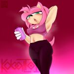  amy_rose anthro blush bodily_fluids bottomwear bra clothing eulipotyphlan female hand_behind_head hedgehog hi_res kobaltoco looking_at_viewer mammal midriff nipple_outline pants red_background sega simple_background solo sonic_the_hedgehog_(series) sports_bra sweat underwear water_bottle yoga_pants 