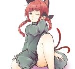  1girl ;/ animal_ears arm_support bangs blunt_bangs braid cat_ears cat_tail dress extra_ears feet_out_of_frame ginnkei kaenbyou_rin knee_up multiple_tails one_eye_closed red_eyes red_hair simple_background tail touhou twin_braids white_background 