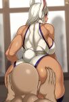  2022 absurd_res animal_humanoid big_butt blush bodily_fluids butt clothed clothing duo female hair hi_res huge_butt humanoid jmg lagomorph lagomorph_humanoid leporid_humanoid long_hair mammal mammal_humanoid miruko muscular muscular_female muscular_humanoid my_hero_academia rabbit_humanoid sweat white_hair 