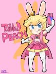  1girl absurdres animal_ears bangs blonde_hair blue_eyes brooch character_name charisuke chibi crossover crown dress eyebrows_visible_through_hair gloves highres jewelry kemono_friends leggings long_hair mario_+_rabbids_kingdom_battle nose parody personification phone pink_dress rabbid rabbid_peach rabbit_ears raving_rabbids shadow short_dress tiara tongue 