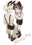  2boys absurdres animal_ears bakugou_katsuki blush boku_no_hero_academia crossed_arms english_text eyebrows_visible_through_hair fake_animal_ears freckles hands_in_pockets highres holding holding_tray looking_at_viewer looking_back male_focus midoriya_izuku monochrome multiple_boys rabbit_ears rabbit_tail rapiko shirt shorts simple_background spiked_hair spot_color suspenders tail tearing_up tray white_background 