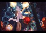  1girl aqua_eyes aqua_hair bangs bare_arms bare_shoulders black_dress blurry bokeh breasts commentary_request cowboy_shot curly_hair depth_of_field dress drill_hair eyebrows_visible_through_hair flower forehead forest halloween hatsune_miku highres holding lamp lamp_miku leehwa light_particles long_hair looking_back medium_breasts nature official_alternate_costume outdoors parted_bangs parted_lips rainbow_gradient sideboob solo sparkle strapless strapless_dress thighhighs twin_drills twintails vocaloid zettai_ryouiki 