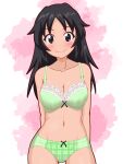  1girl black_hair blue_eyes blush bra breasts cleavage closed_mouth collarbone eyebrows_visible_through_hair freckles girls_und_panzer gogopaint green_bra green_panties highres large_breasts long_hair looking_at_viewer navel panties shiny shiny_hair shiny_skin simple_background smile solo underwear yamagou_ayumi 