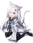  :3 :d allial_(coefont) animal_ears black_footwear boots cat_ears cat_tail coat coefont_studio eyebrows_visible_through_hair gradient_hair grey_eyes grey_hair hair_over_one_eye high_heel_boots high_heels highres kaine_(gupisgood) long_hair looking_at_viewer multicolored_hair one_side_up open_mouth simple_background sitting smile tail thigh_boots thighhighs w wariza white_background white_coat 