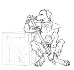  anthro armor biped black_and_white bottomwear canid canine canis clothing crate crouching domestic_dog floppy_ears front_view gloves handwear head_tuft holding_object holding_sword holding_weapon looking_aside male mammal melee_weapon monochrome neck_tuft neckwear pants skyelegs solo sword traditional_media_(artwork) tuft weapon 