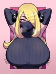  1girl armpits arms_behind_head arms_up black_gloves black_mask black_sweater blonde_hair blush border bouncing_breasts breasts covered_mouth cynthia_(pokemon) elbow_gloves english_commentary gloves grey_eyes hair_ornament hair_over_one_eye heavy_breathing highres huge_breasts jam-orbital long_hair looking_at_viewer mask mouth_mask pink_background pink_border pokemon pokemon_(game) pokemon_dppt portrait sleeveless sleeveless_turtleneck solo sweater turtleneck turtleneck_sweater 