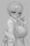  1girl breasts ear_piercing eyelashes glasses highres hiragana_oufu jewelry large_breasts looking_at_viewer monochrome original piercing shirt short_hair sketch smoking solo standing sweater 