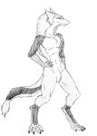  4_toes anthro athletic athletic_anthro athletic_male cheek_tuft claws crotch_tuft digitigrade elbow_tufts facial_tuft feet gloves_(marking) hand_on_hip male markings monochrome navel neck_tuft sergal sketch skyelegs solo toes traditional_media_(artwork) tuft 