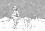  clothing dipstick_tail female fur inner_ear_fluff jacket looking_up markings monochrome mountain paws side_view skyelegs solo spots spotted_body spotted_fur spotted_legs star tail_markings taur topwear traditional_media_(artwork) tuft whiskers 