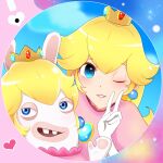  1girl androgynous bangs blonde_hair blue_eyes brooch buck_teeth cloud crossover crown dress elbow_gloves eyebrows_visible_through_hair gloves heart jewelry lips mai_(shayu345) mario_(series) mario_+_rabbids_kingdom_battle nose pink_dress pink_shirt princess rabbid rabbid_peach raving_rabbids shirt sky teeth tiara v 