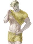  1boy abs absurdres bangs bara blonde_hair clothes_lift granblue_fantasy green_eyes highres jewelry kshbjb3bppui9om large_pectorals lifted_by_self looking_at_viewer male_focus muscular muscular_male navel pectorals ring shirt shirt_lift short_hair shorts solo undercut vane_(granblue_fantasy) yellow_shirt yellow_shorts 