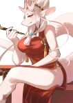  2022 5_fingers anthro antlers breasts brown_eyes clothed clothing digital_media_(artwork) dragon female fingers hair hi_res horn kawarage_yatano non-mammal_breasts simple_background sitting white_background white_hair wingless_dragon 