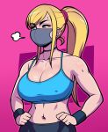 1girl alternate_costume black_pants blonde_hair blue_eyes blue_sports_bra blush breasts casual choker cleavage collarbone covered_mouth covered_nipples english_commentary hair_tie hands_on_hips highres jam-orbital large_breasts long_hair looking_away mask metroid midriff mismatched_eyebrows mouth_mask navel pants pink_background ponytail samus_aran solo sports_bra sweat toned wristband 