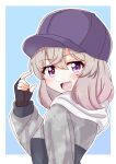  1girl :d absurdres ao_(flowerclasse) baseball_cap commentary eyebrows_visible_through_hair fang fingerless_gloves gloves hat highres hood hoodie looking_at_viewer looking_back purple_eyes silver_hair simple_background skin_fang slow_loop smile solo upper_body yoshinaga_koi 