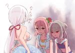  3girls ? bikini breast_envy breasts flower from_side grey_hair hair_bun hair_flower hair_ornament highres innertube large_breasts low_ponytail makaino_ririmu multiple_girls nijisanji pink_hair piroaki pout sasaki_saku scowl shiina_yuika single_hair_bun swimsuit virtual_youtuber white_bikini 