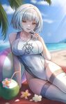  1girl ball beach beachball blue_sky breasts cloud coconut day girls&#039;_frontline highleg highleg_swimsuit highres large_breasts looking_at_viewer moguta_(moguta9) morridow_(girls&#039;_frontline) outdoors palm_tree paradeus short_hair silver_hair silver_legwear sitting sky solo swimsuit thighhighs tree white_swimsuit yellow_eyes yokozuwari 