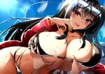  1girl azur_lane bent_over bikini black_bikini black_choker black_hair blue_sky breast_grab breasts choker day eyebrows_visible_through_hair eyewear_on_head from_below gigantic_breasts grabbing hair_between_eyes highleg highleg_bikini jacket long_hair looking_at_viewer looking_down multi-strapped_bikini multiple_straps oboenikui_namae official_alternate_costume race_queen red_eyes red_jacket sky sunlight sweat sweatdrop swimsuit taihou_(azur_lane) taihou_(enraptured_companion)_(azur_lane) tongue tongue_out very_long_hair 