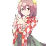  1girl apron bell character_name checkered checkered_clothes checkered_kimono checkered_shirt clothes_writing ginnkei hair_bell hair_ornament japanese_clothes jingle_bell kimono long_sleeves looking_at_viewer motoori_kosuzu red_eyes shirt solo touhou two_side_up wide_sleeves 