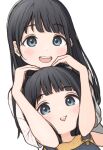  1ssakawaguchi 2girls :d absurdres akebi-chan_no_serafuku akebi_kao akebi_komichi bangs black_hair blue_eyes blunt_bangs blush cheek_squash child commentary eyebrows eyebrows_visible_through_hair hands_on_another&#039;s_head head_on_head head_rest highres long_hair looking_at_viewer medium_hair multiple_girls open_mouth overalls shirt short_hair short_sleeves siblings sisters smile upper_body white_background white_shirt yellow_shirt 