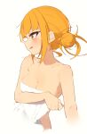  1girl absurdres bangs bare_shoulders blonde_hair blunt_bangs blush boku_no_hero_academia breasts cleavage collarbone covering covering_breasts cropped_arms cropped_torso double_bun embarrassed eyebrows_visible_through_hair flipped_hair highres holding holding_towel medium_breasts open_mouth profile rasusurasu short_hair short_hair_with_long_locks sidelocks simple_background solo toga_himiko towel upper_body wavy_mouth white_background yellow_eyes 