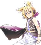  1girl blonde_hair blue_eyes bracelet cape closed_mouth earmuffs expressionless ginnkei hair_between_eyes holding holding_stick jewelry looking_at_viewer pointy_hair purple_cape ritual_baton shirt short_hair simple_background sleeveless sleeveless_shirt solo stick touhou toyosatomimi_no_miko white_background 