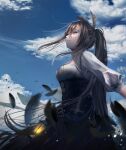  1girl absurdres bangs belt brown_corset brown_eyes brown_hair cloud cloudy_sky corset dagger feather_hair_ornament feathers hair_ornament hairclip highres hololive hololive_english knife kyatto-mikazu lantern long_hair looking_up nanashi_mumei paper ponytail shirt sky smile solo very_long_hair virtual_youtuber weapon white_shirt wind wind_lift 