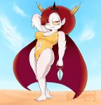  beach big_breasts breasts clothing demon demon_humanoid disney fangs female hair hair_over_eye hand_behind_head hekapoo hi_res humanoid humanoid_pointy_ears kobaltoco midriff nipple_outline one-piece_swimsuit one_eye_obstructed scissors seaside smile smiles solo star_vs._the_forces_of_evil swimwear white_body white_skin 